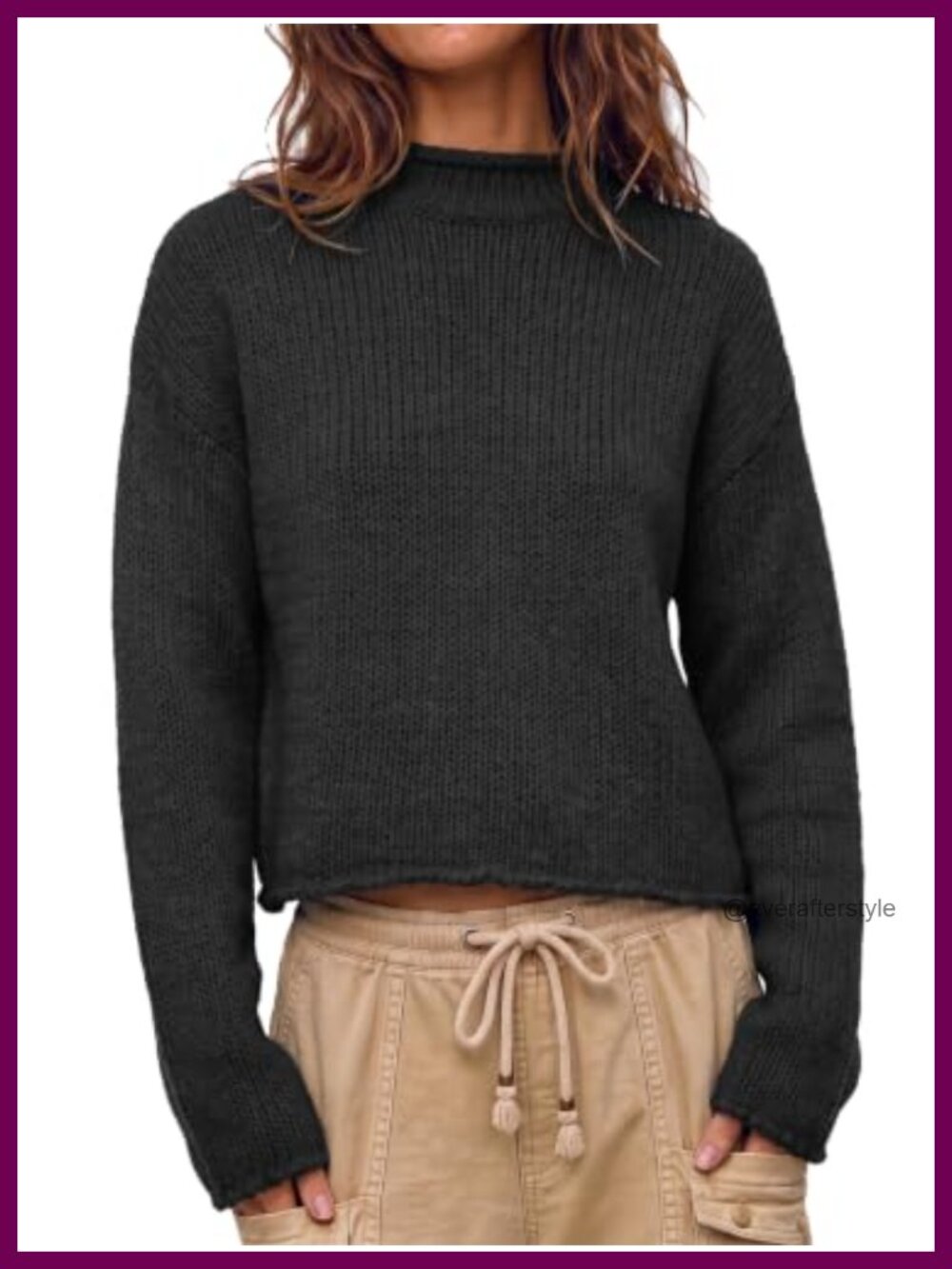 Chunky Knit Rolled Mock Neck Cropped Sweater Pullover Long Sleeve Fall Winter